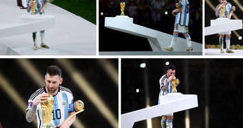 Messi hôn lên chiếc cup dành cho đội vô địch đầy cảm xúc