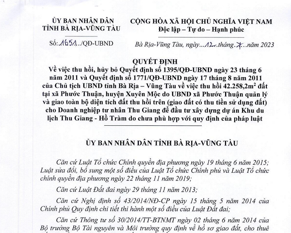 Ba Ria - Vung Tau: Thu hoi viec giao dat du an KDL Thu Giang - Ho Tram