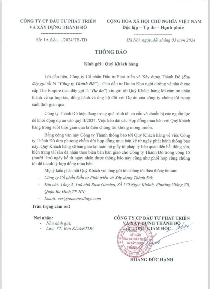 Cong ty Thanh Do da tien hanh don phuong cham dut hop dong voi khach hang