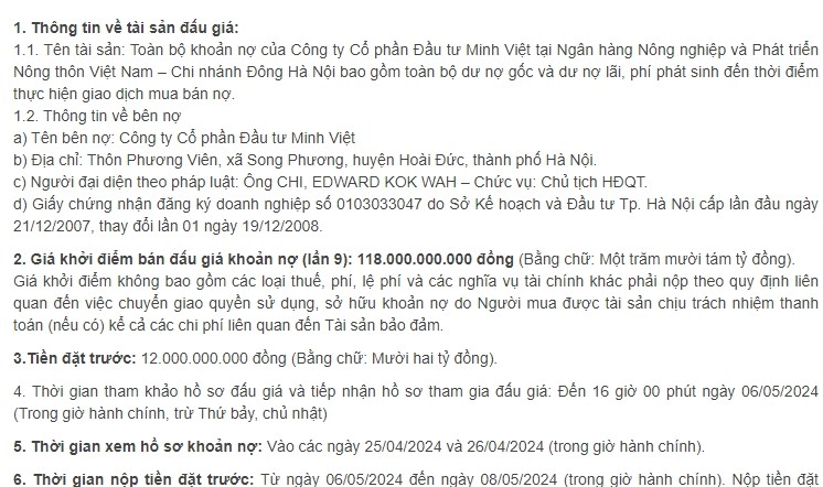 Ngan hang Agribank ban dau gia khoan no cua Cong ty Minh Viet