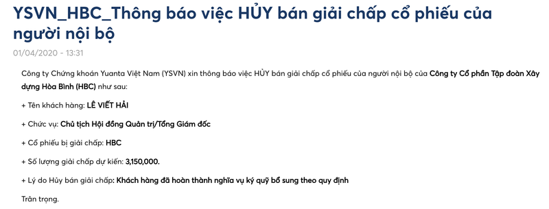 Yuanta Viet Nam huy ban giai chap hon 3 trieu co phieu cua Chu tich HBC Le Viet Hai