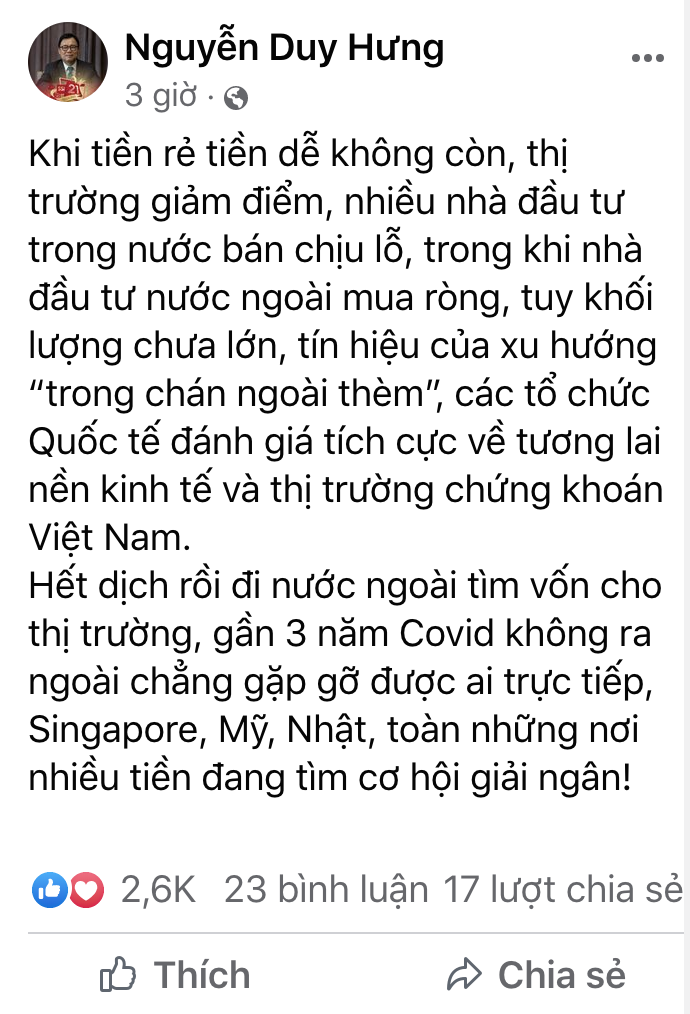 Chu tich SSI Nguyen Duy Hung: Tien re khong con, chung khoan Viet Nam 'trong chan ngoai them'