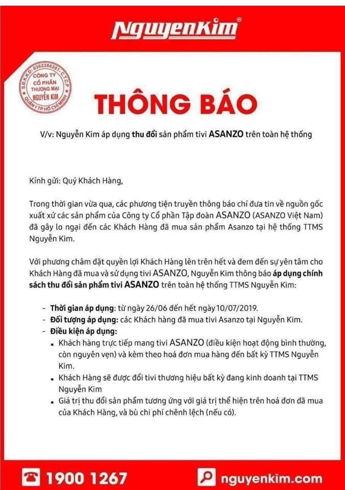 Vu Asanzo doi lot hang Viet Nam: Nguyen Kim thu hoi, doi moi toan bo tivi hieu Asanzo cho khach hang