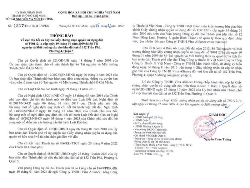 TP HCM: Thu hoi, huy bo so do khu 'dat vang' 152 Tran Phu cua Vinataba