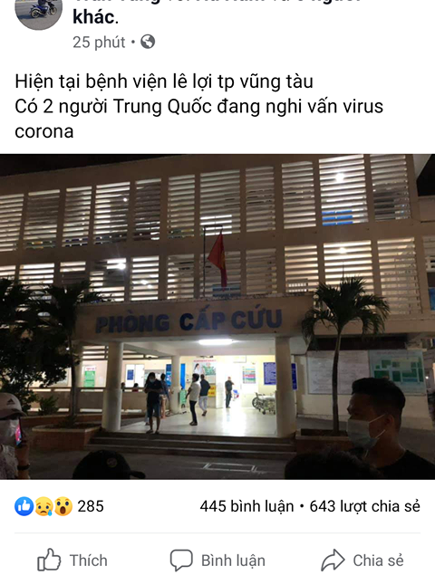 Nguoi dang tin 2 khach Trung Quoc nghi nhiem virus corona nhap vien o Vung Tau bi cong an moi lam viec