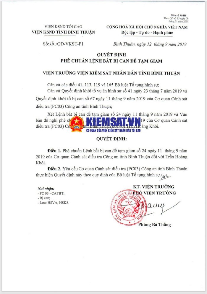 Bat giam Pho chu tich UBND TP Phan Thiet Tran Hoang Khoi