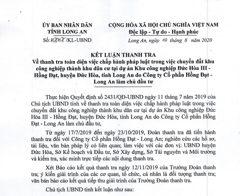 Nhieu sai pham cua du an KCN Duc Hoa III - Hong Dat