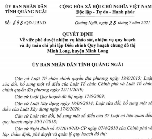 Quang Ngai sap dieu chinh quy hoach do thi Minh Long hon 1.731ha