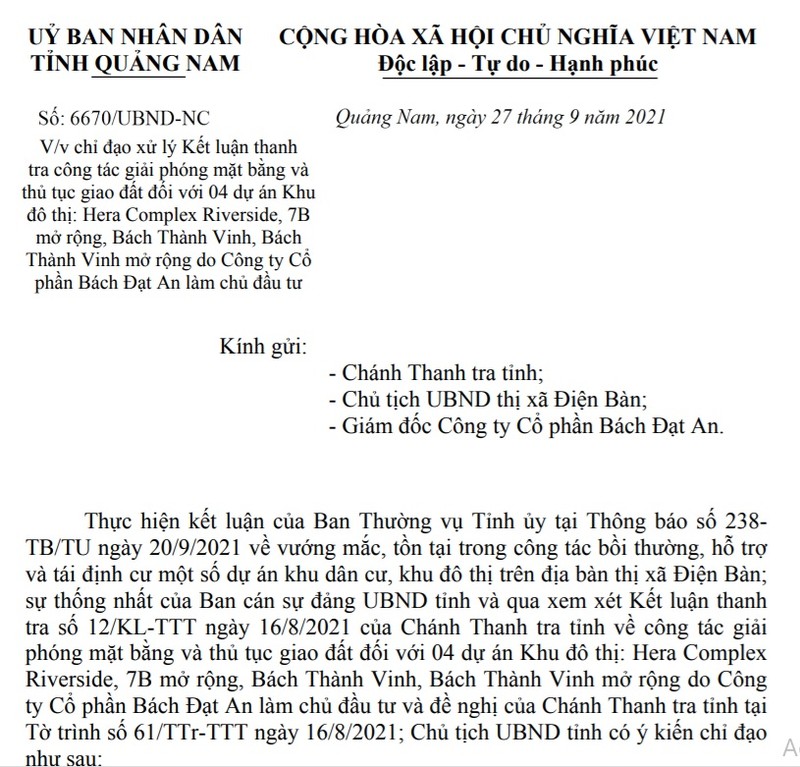 Quang Nam go vuong 4 du an cua Cong ty Bach Dat An