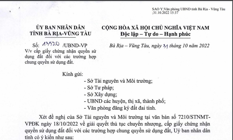 Ba Ria - Vung Tau xem xet cap giay chung nhan truong hop chung quyen su dung dat