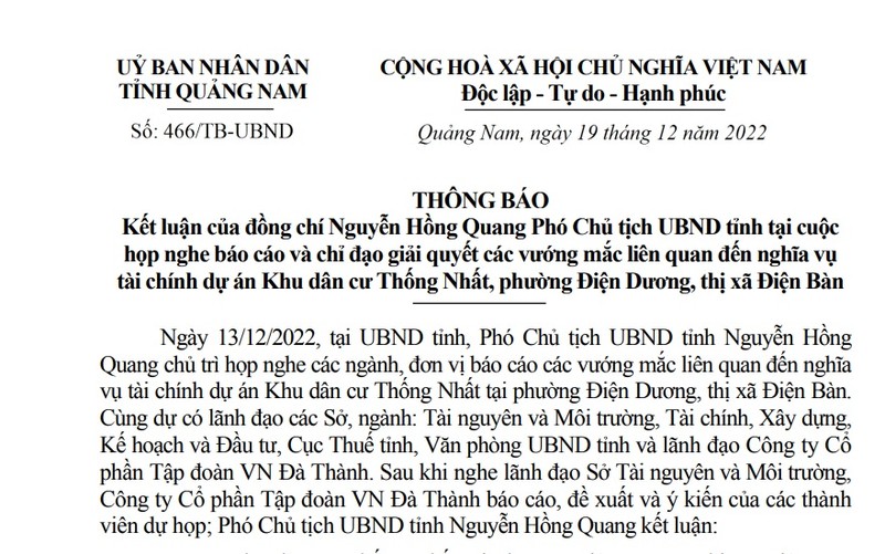 Quang Nam yeu cau giai quyet nghia vu tai chinh tai Khu dan cu Thong Nhat