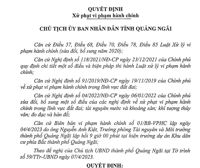 Doanh nghiep o Quang Ngai chiem hon 31.000 m2 dat bi phat 632 trieu