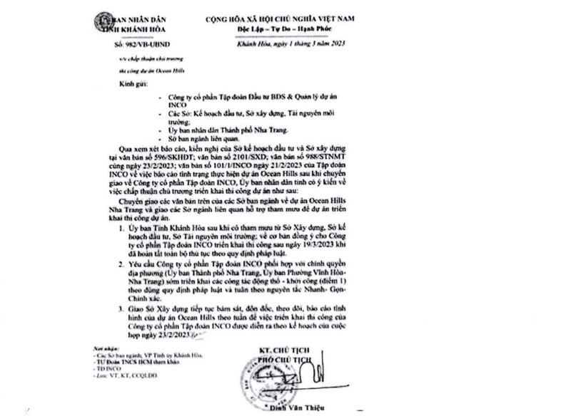 Khanh Hoa: Van ban cho thi cong du an Ocean Hills la gia