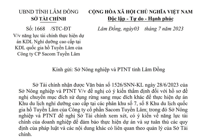 Sacom Tuyen Lam xin chuyen 5ha rung phong ho de xay khu nghi duong cao cap