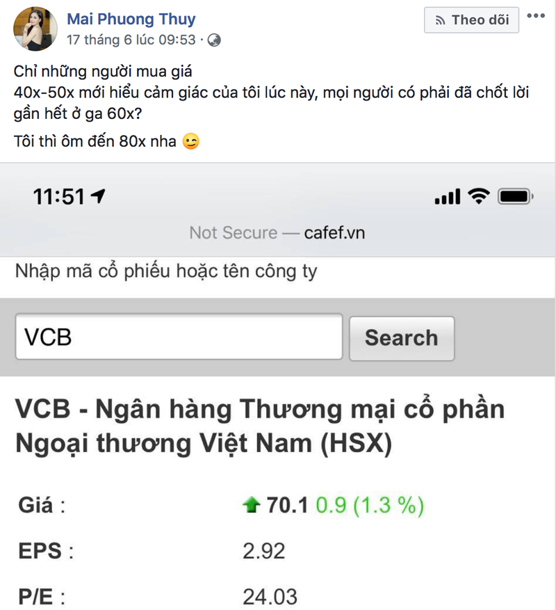 Hoa hau Mai Phuong Thuy gom co phieu VCB o nguong 40.000 - 50.000 dong?