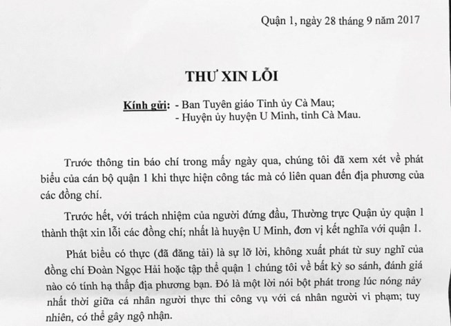 Quan 1 gui thu xin loi Ca Mau vi phat ngon “ve rung U Minh song”