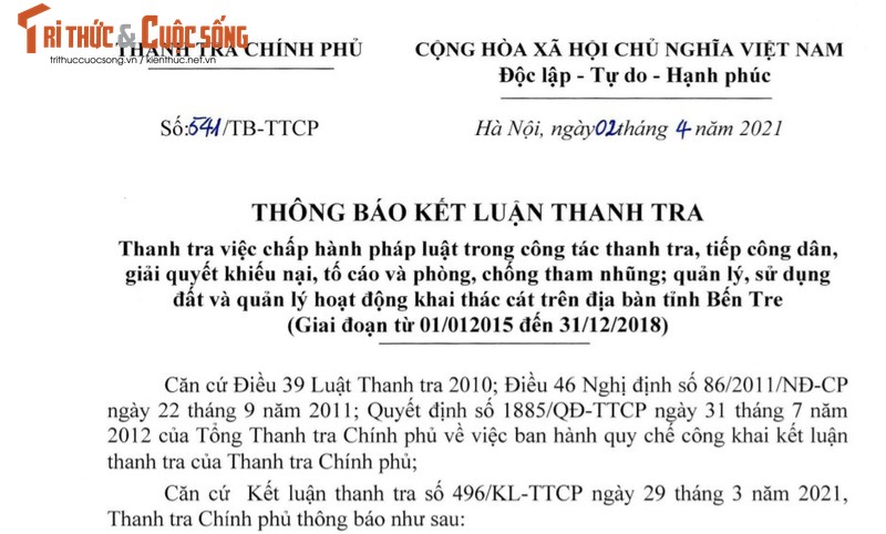 Thanh tra Chinh phu kien nghi dieu tra xu ly hanh vi tron thue cua Cong ty Co phan Vat lieu xay dung Ben Tre